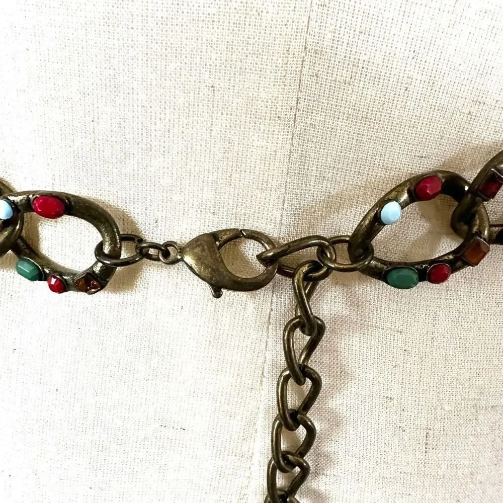 Vintage antiqued gold tone jeweled adjustable chain belt